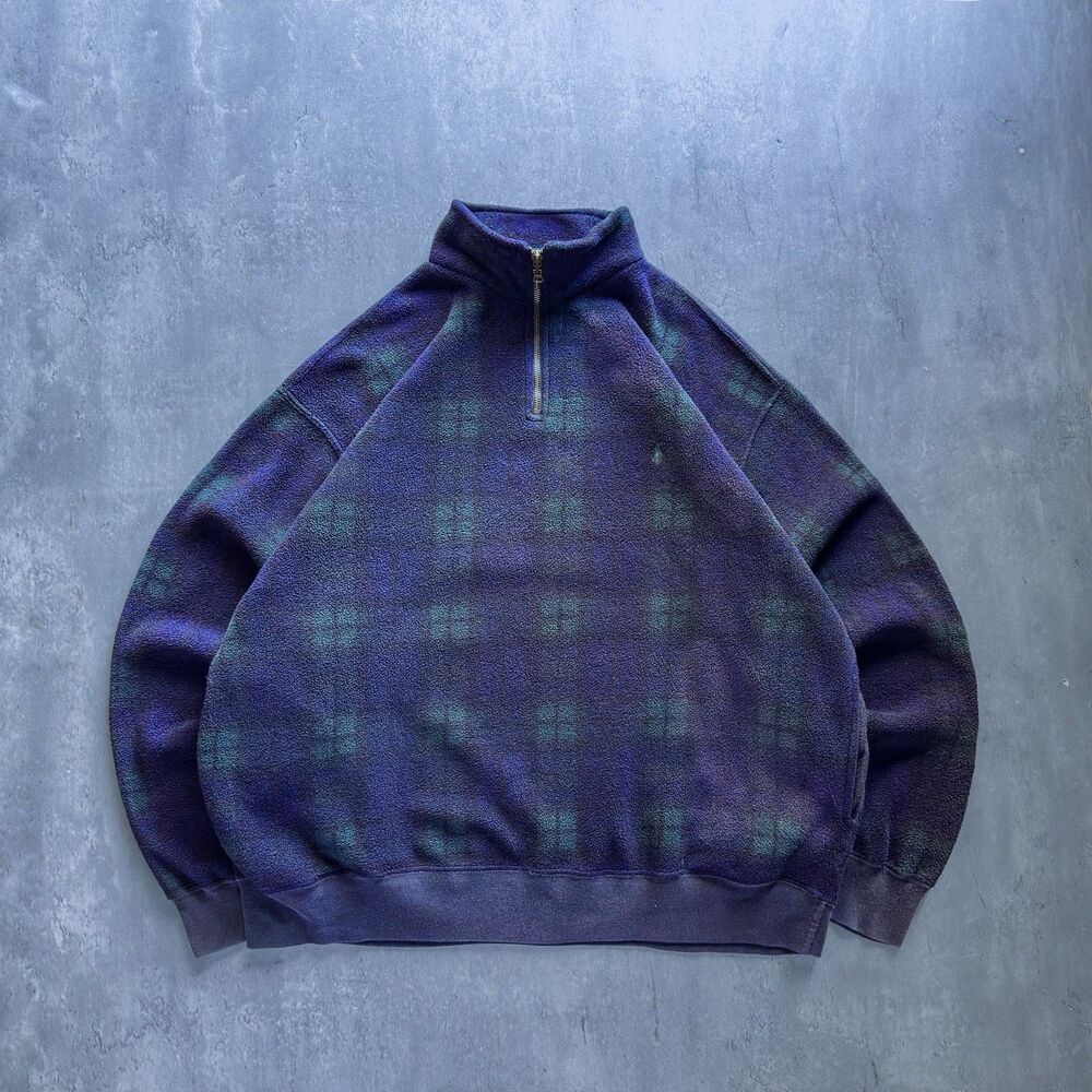 Vintage Polo Ralph Lauren Plaid Quarter Zip Fleece Pullover XL Blue Green Rare